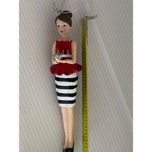 Elegant Female Christmas Ornament With Glitter Red Top & Black/White Striped